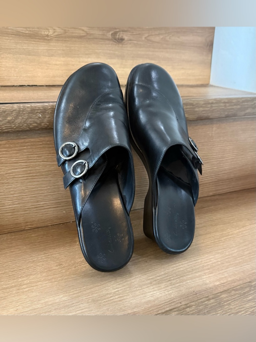 Clarks Black Leather Wedge Mules with Decorative Buckles - Women size 10 - Picture 3 of 5